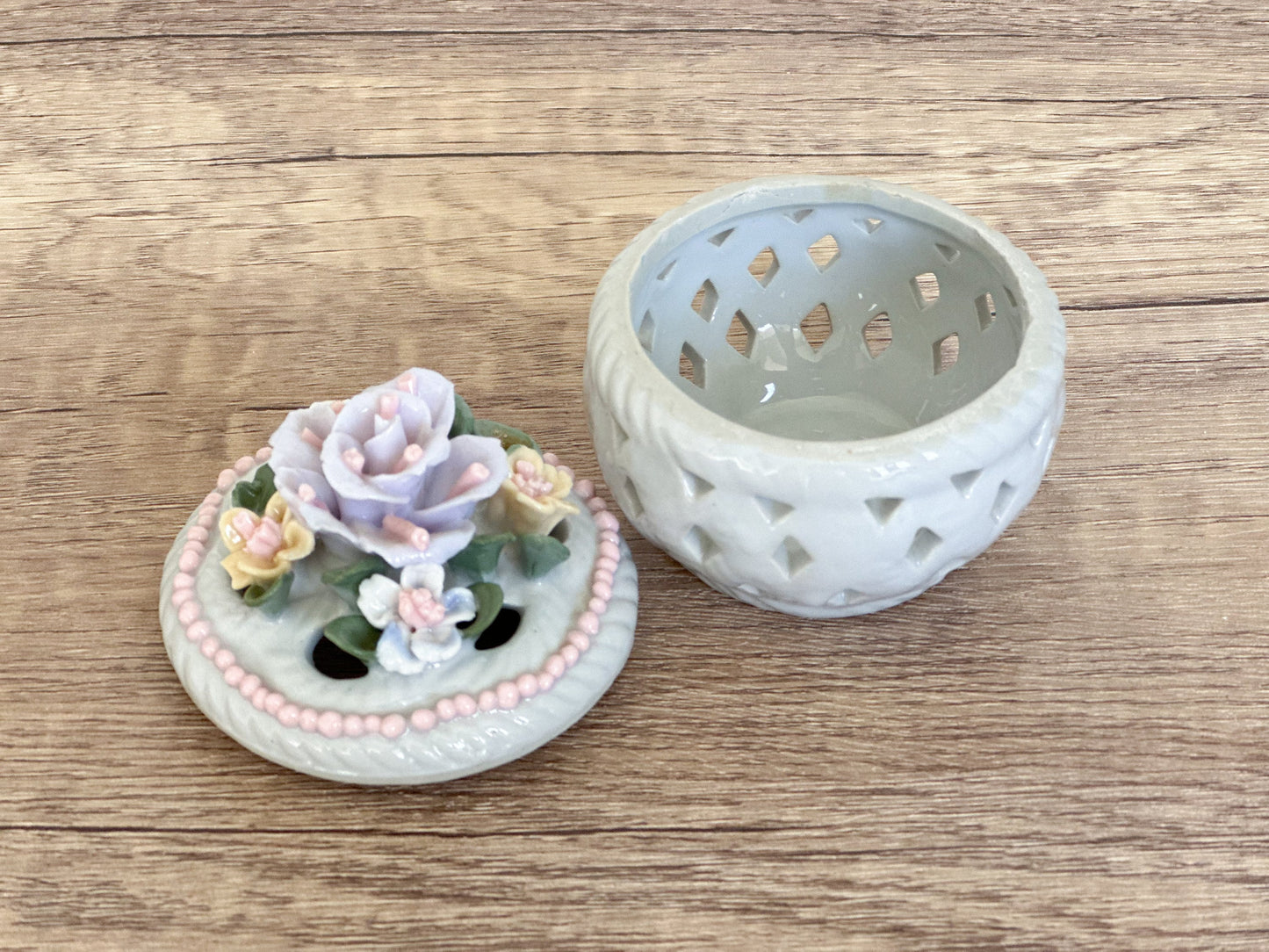 Vintage Floral Porcelain Trinket Box - Lattice Ring Dish