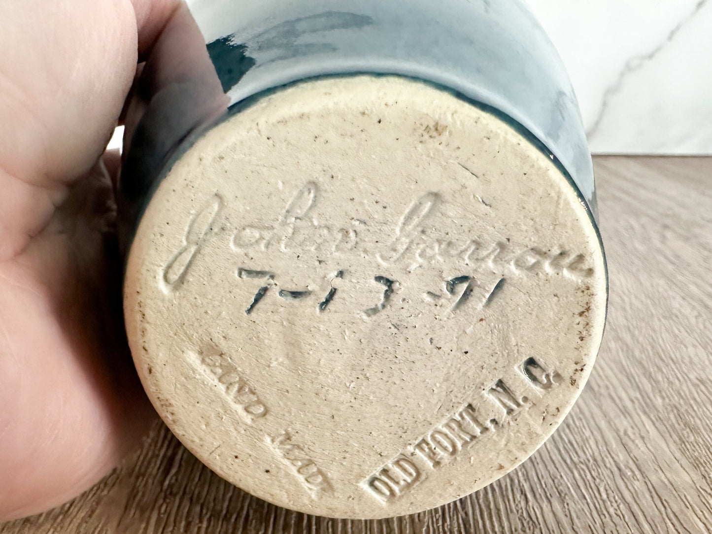 Two Tone Glazed Blue Pottery Vase - Handmade Vintage Stoneware Bud Vase