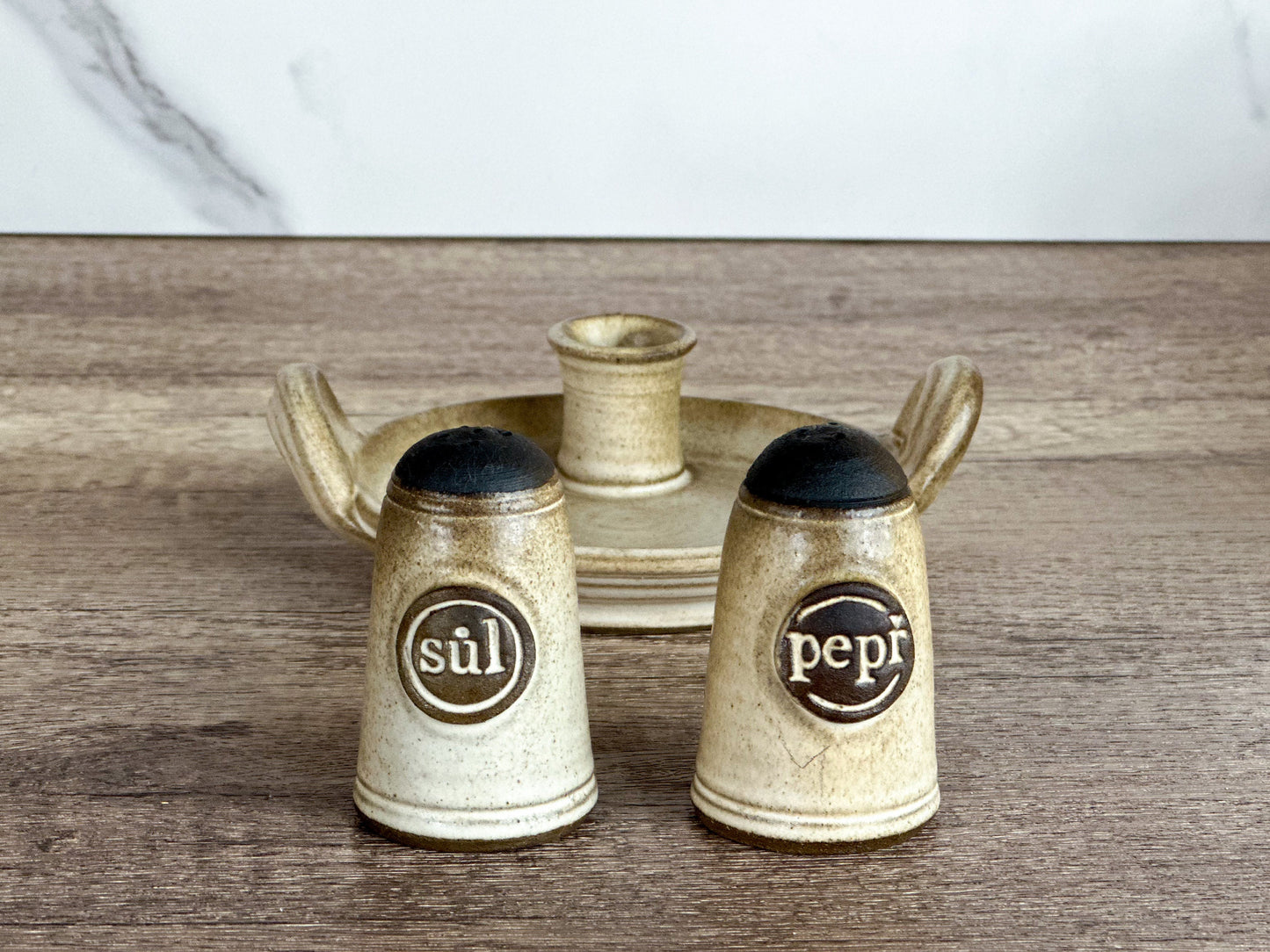 Handmade Czech Pottery: Salt and Pepper Shakers with Candle Holder