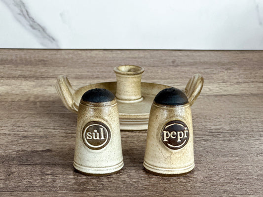 Handmade Czech Pottery: Salt and Pepper Shakers with Candle Holder