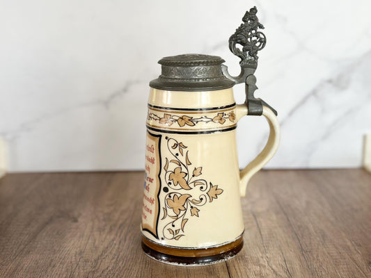 German Beer Stein with Pewter Lid - Vintage Stein