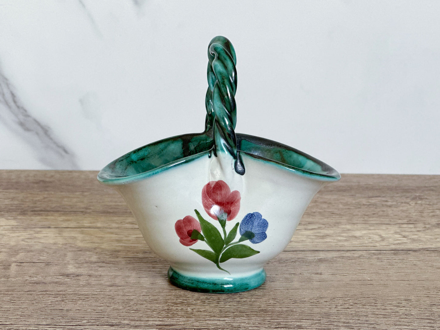 Vintage Italian Hand Painted Floral Pottery Basket - Trinket Dish