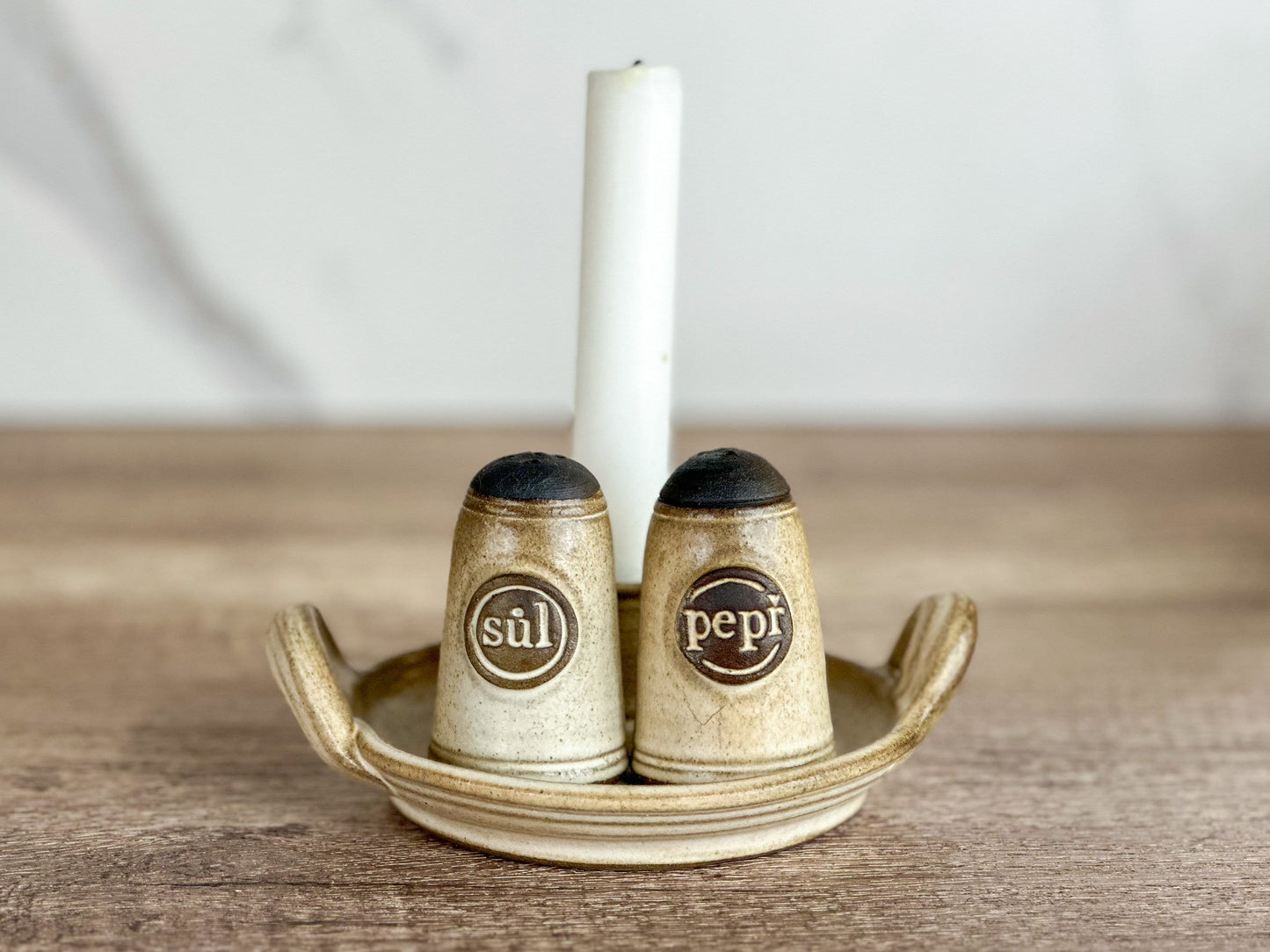 Handmade Czech Pottery: Salt and Pepper Shakers with Candle Holder