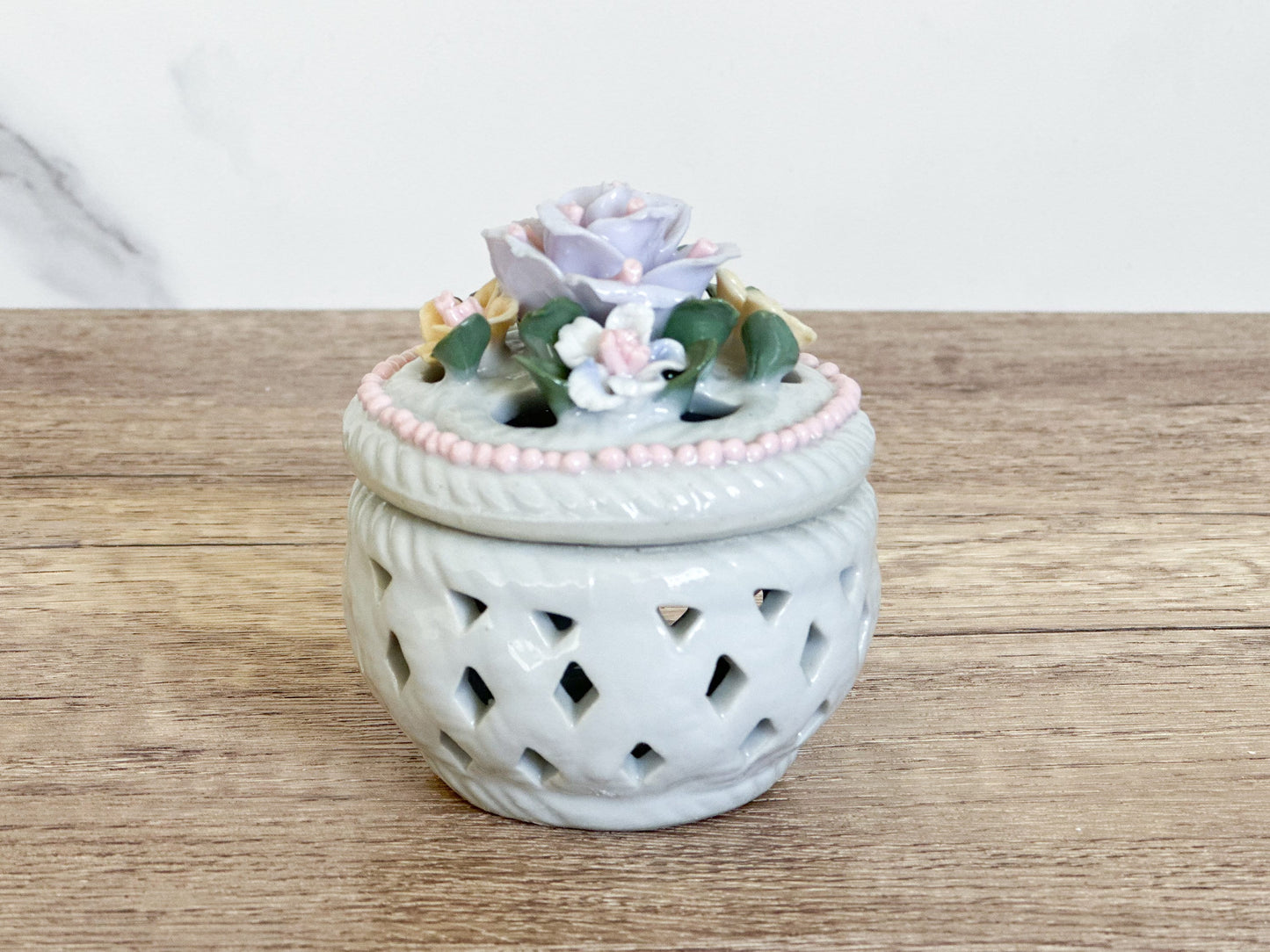 Vintage Floral Porcelain Trinket Box - Lattice Ring Dish