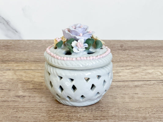 Vintage Floral Porcelain Trinket Box - Lattice Ring Dish