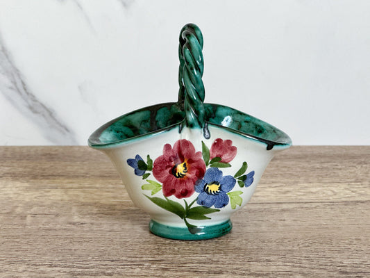 Vintage Italian Hand Painted Floral Pottery Basket - Trinket Dish