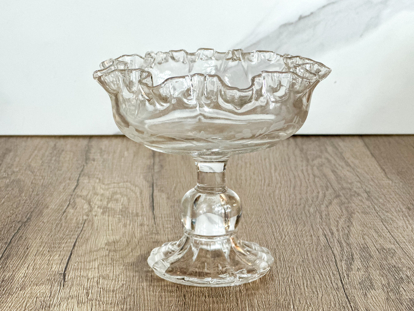 Vintage Floral Etched Glass Ruffle Compote Dish