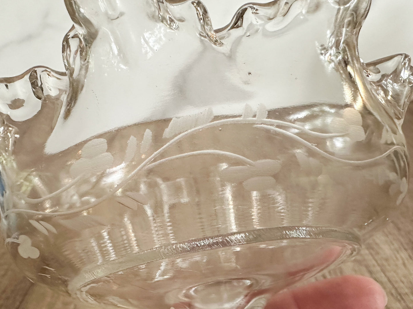 Vintage Floral Etched Glass Ruffle Compote Dish