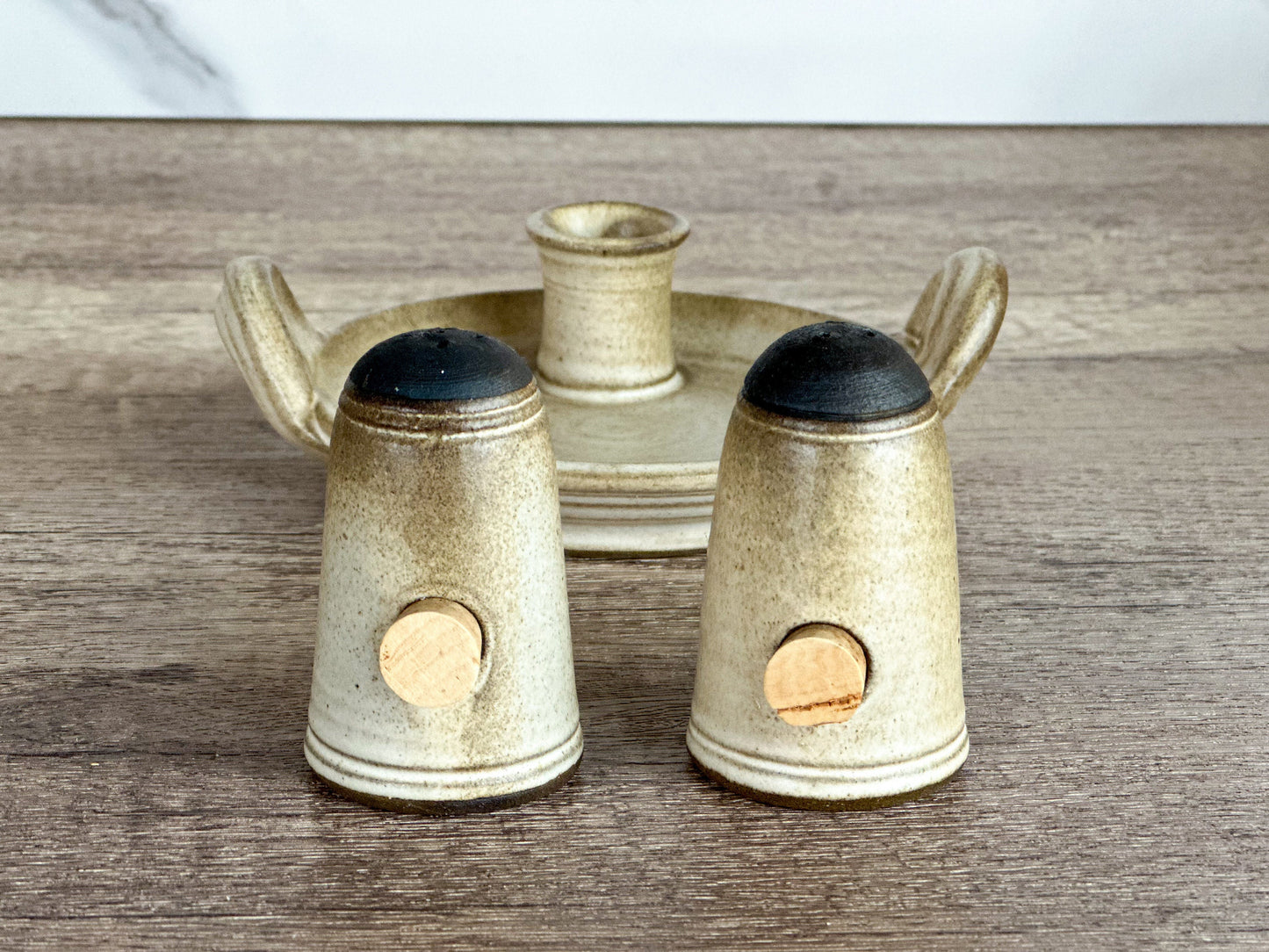 Handmade Czech Pottery: Salt and Pepper Shakers with Candle Holder
