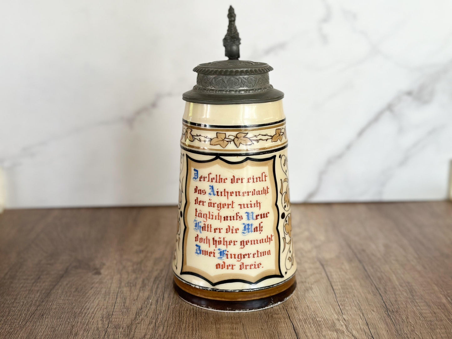 German Beer Stein with Pewter Lid - Vintage Stein