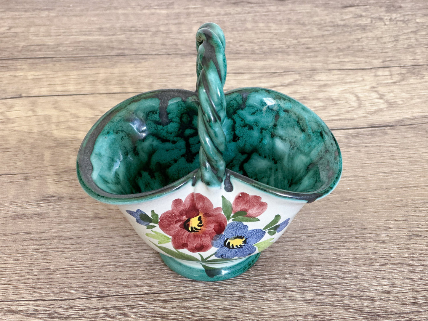 Vintage Italian Hand Painted Floral Pottery Basket - Trinket Dish