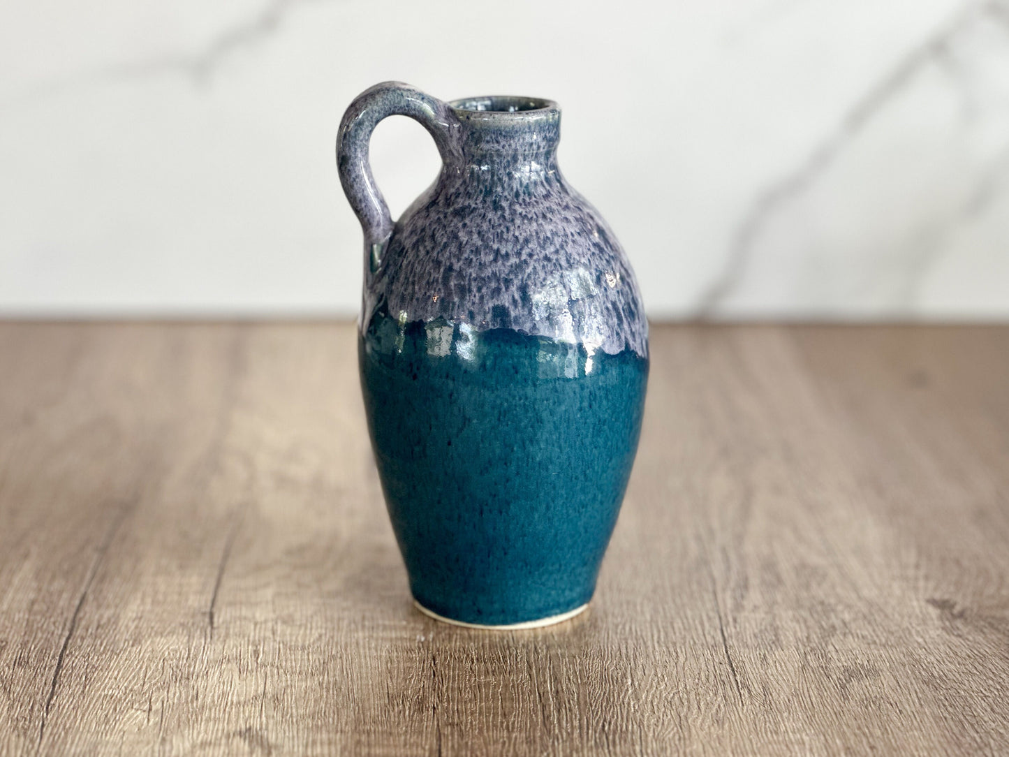 Two Tone Glazed Blue Pottery Vase - Handmade Vintage Stoneware Bud Vase