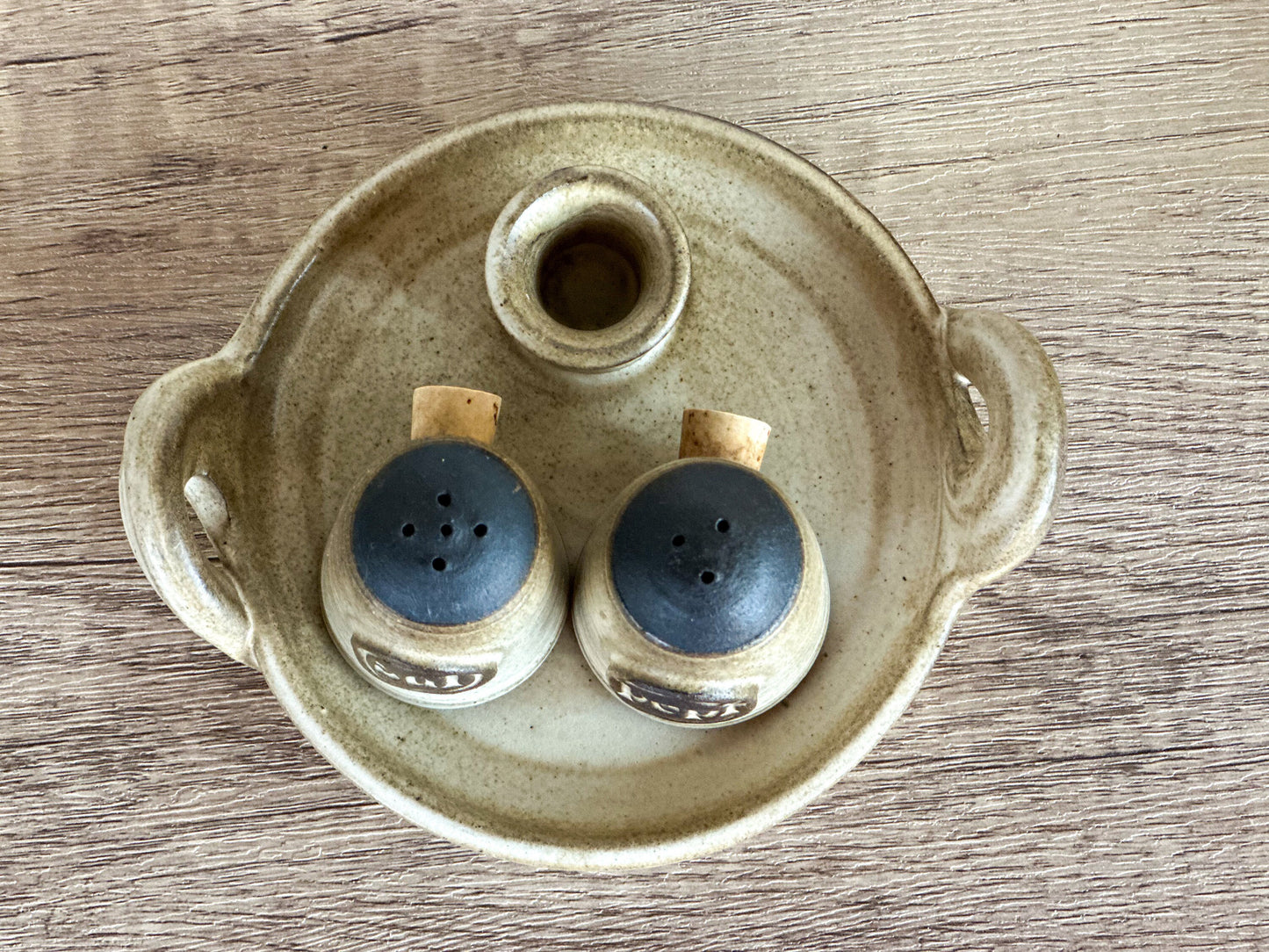 Handmade Czech Pottery: Salt and Pepper Shakers with Candle Holder